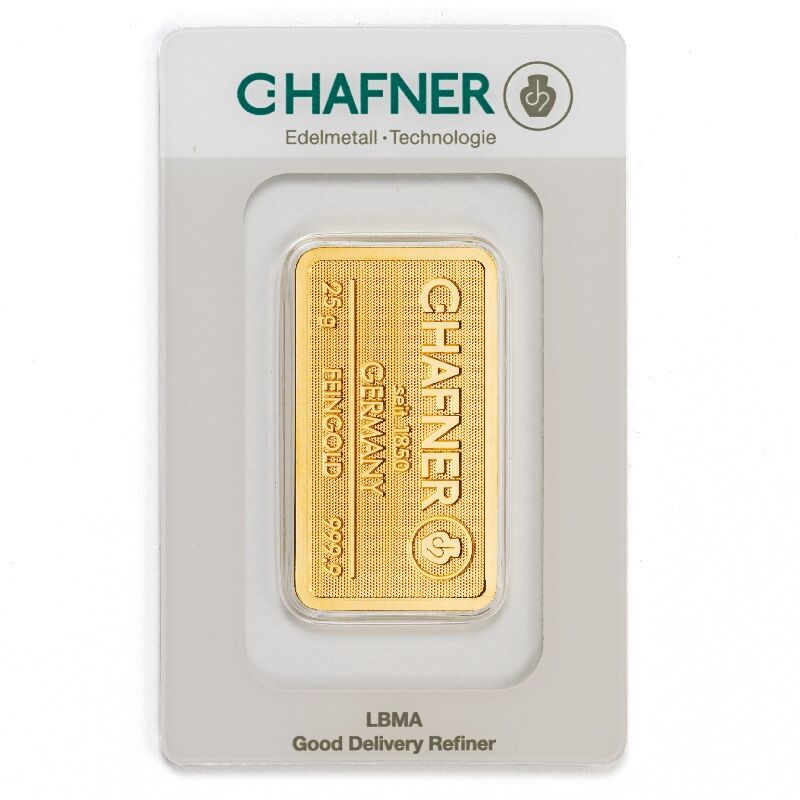 Vorderseite eines 25 g C. Hafner Goldbarrens mit Herstellerlogo, Feingewicht und Feinheitsangabe