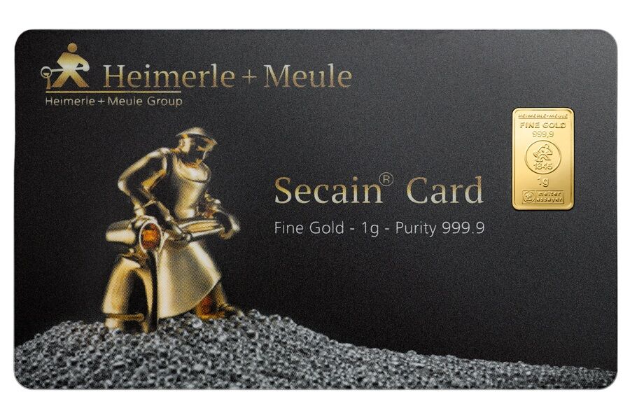 1 g Heimerle + Meule Goldbarren in Secain Card mit sichtbarem Barren und Produktangaben