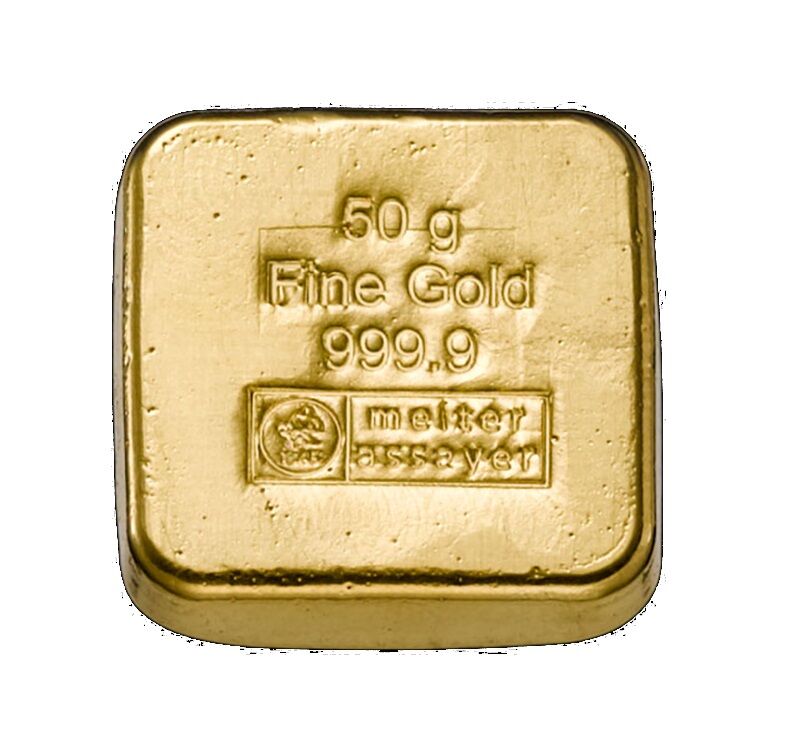Rückseite eines gegossenen 50 g Heimerle + Meule Goldbarrens mit matter Barrenoberfläche