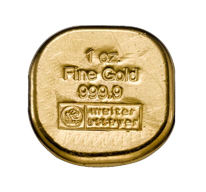 1 Unze Goldbarren gegossen Rückseite Heimerle und Meule 1 Unze Goldbarren gegossen Rückseite Heimerle und Meule