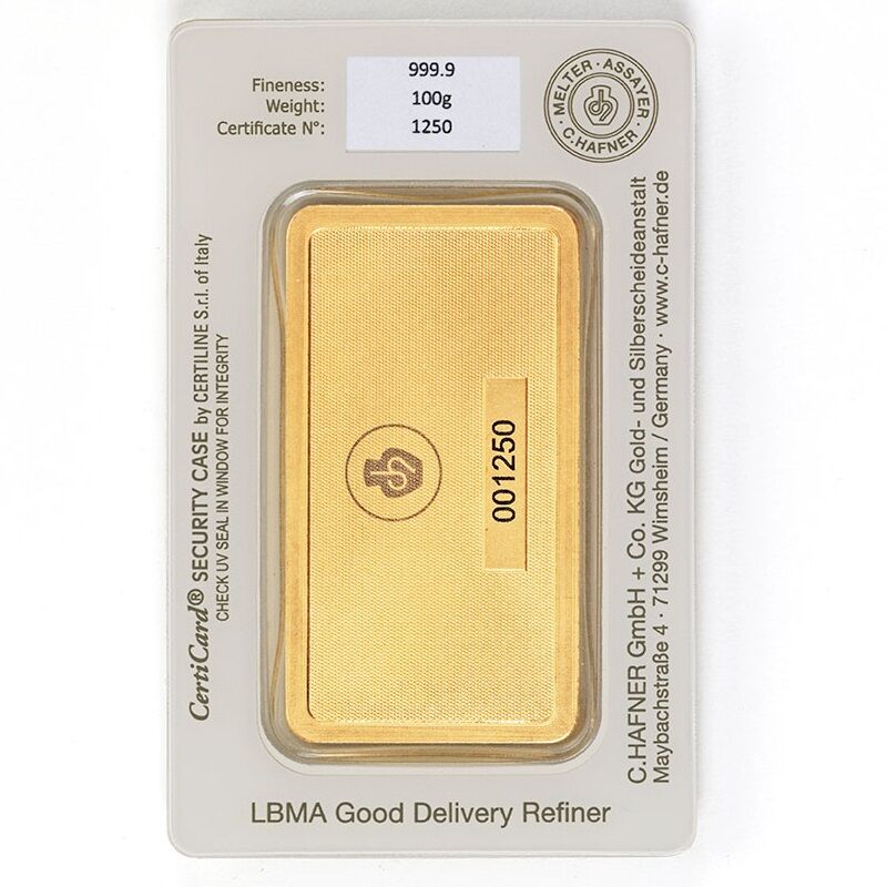 100 g Goldbarren geprägt Rückseite C.Hafner Moroder Scheideanstalt 100 g Goldbarren geprägt Rückseite C.Hafner Moroder Scheideanstalt