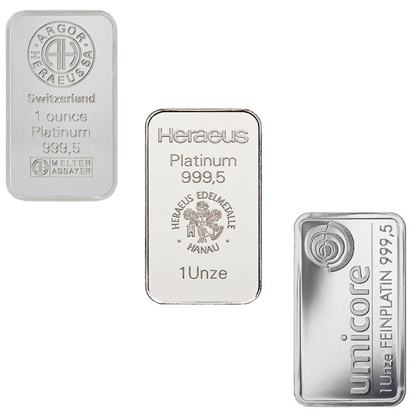 1 Unze Platinbarren verschiedener Hersteller als Beispiele für Platin-Anlagebarren