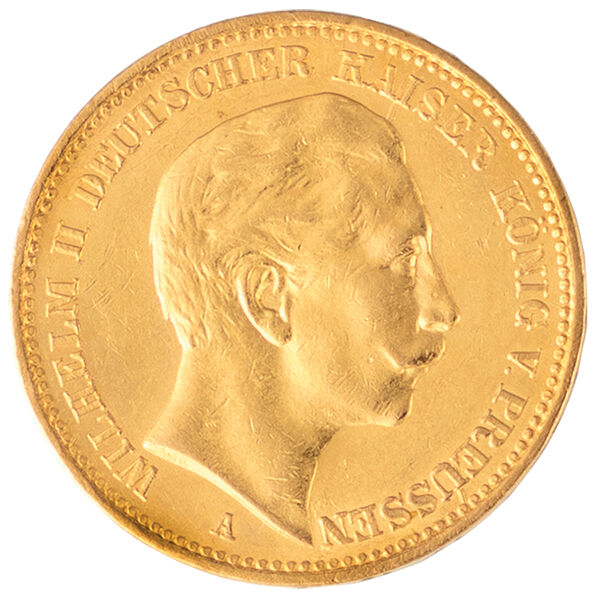Vorderseite der 20 Mark Kaiserreich Goldmünze Wilhelm II. mit Kaiserporträt
