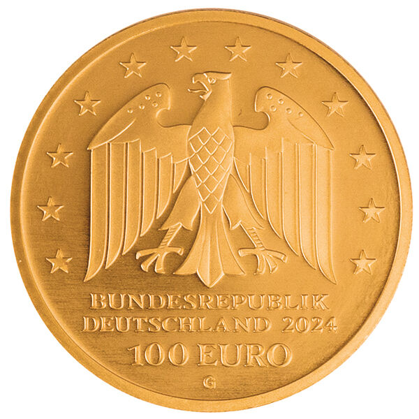 Wertseite der 100 Euro Goldmünze Der zerbrochne Krug 2024 mit Bundesadler, Nennwert und Prägejahr