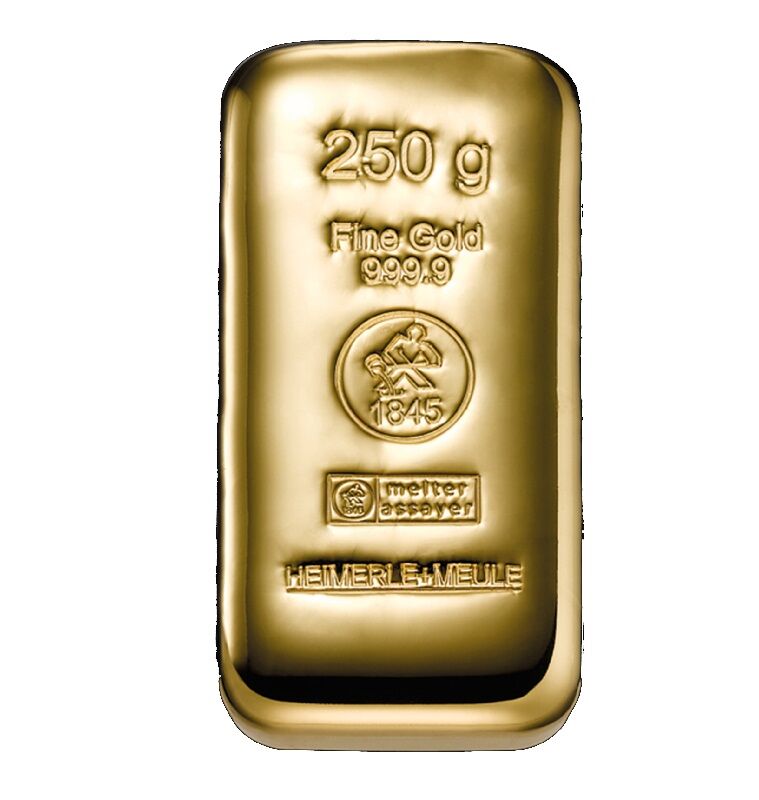 Vorderseite eines gegossenen 250 g Heimerle + Meule Goldbarrens mit Herstellerlogo, Feingewicht und Feinheitsangabe
