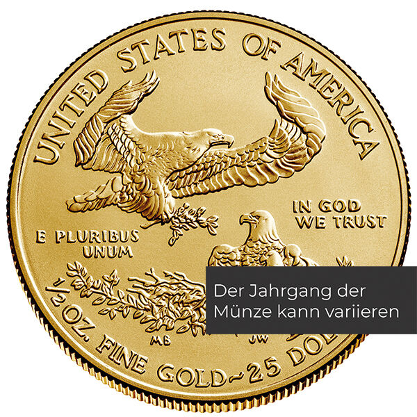 Weitere Rückseitenansicht der American Eagle Goldmünze 1/2 Unze 2020 mit Adler-Motiv, Feingewicht und Feingehalt