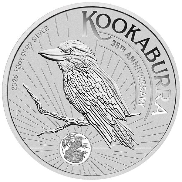 Vorderseite der Australian Kookaburra Silbermünze 10 Unzen 2025 mit Monarchenporträt, Nennwert und Jahrgang