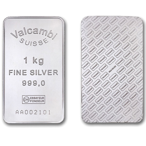 1 kg Valcambi Silberbarren mit Herstellerlogo, Feingewicht und Feinheitsangabe