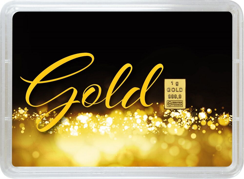 Vorderseite des 1 g Gold-Geschenkbarrens Gold statt Geld mit sichtbarem Goldbarren und Geschenkgestaltung