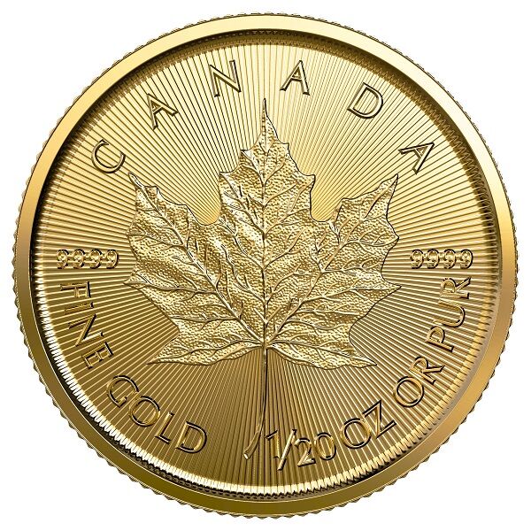Rückseite der Maple Leaf Goldmünze 1/20 Unze 2019 mit Ahornblatt-Motiv, Feingewicht und Feingehalt
