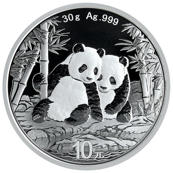 Rückseite der China Panda Silbermünze 30 g 2026 mit Panda-Motiv, Feingewicht und Feingehalt