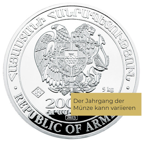 Weitere Vorderseitenansicht der Arche Noah Silbermünze 5 kg 2023 mit armenischem Staatswappen, Nennwert und Jahrgang