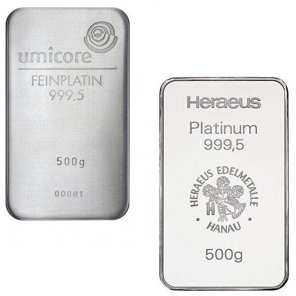 500 g Platinbarren verschiedener Hersteller als Beispiel für größere Anlagebarren aus Platin