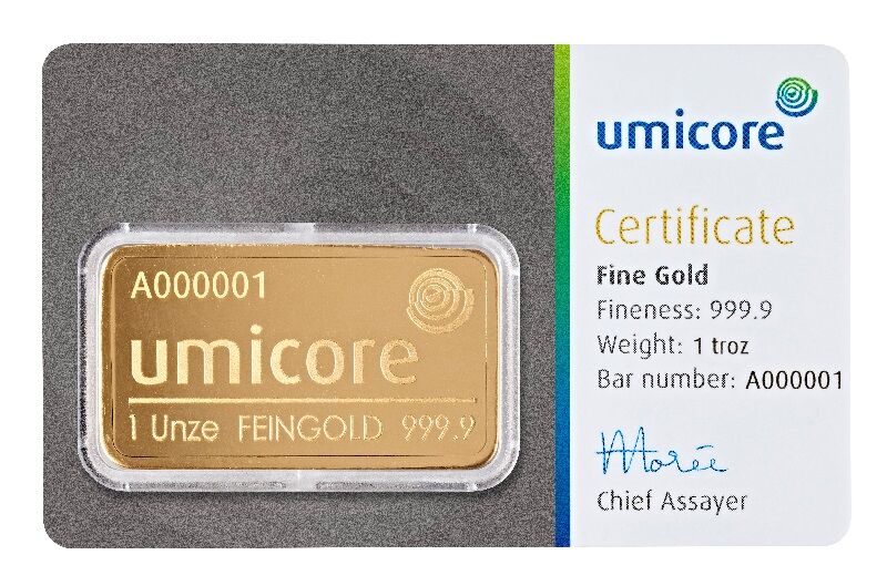 Vorderseite eines 1 Unze Umicore Goldbarrens im Blister mit Umicore Logo und Angaben zu Feingewicht und Feinheit