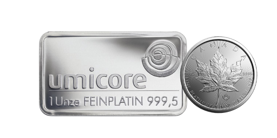 Weitere Ansicht von Platinbarren und Platinmünze als Beispiele für den Platinhandel