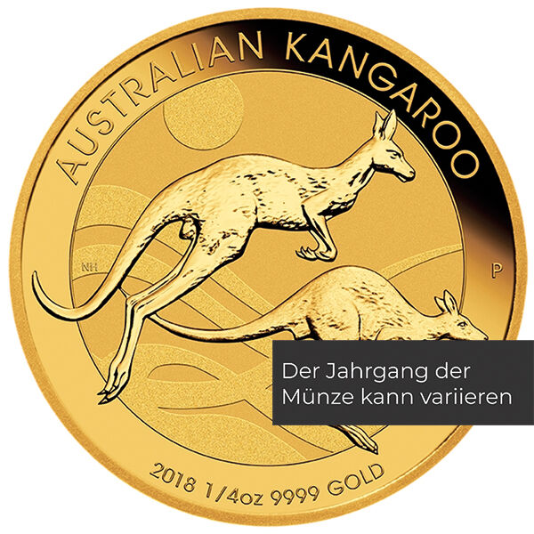 Ansicht der Australian Kangaroo Goldmünze 1/4 Unze 2018 mit sichtbarer Goldprägung