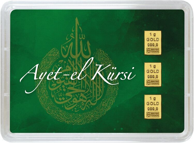 Vorderseite der türkischen Geschenkkarte Hochzeit Ayet el Kürsi mit 3 x 1 g Goldbarren
