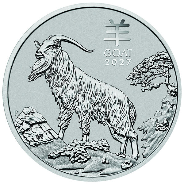 Bildseite der Lunar III Platinmünze 2027 Ziege mit Jahreszahl und Angabe des Tierkreiszeichens