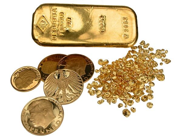Goldmünzen, Goldbarren und Feingoldstücke als Beispiele für den Goldverkauf