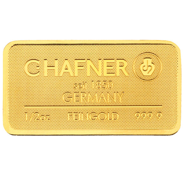 Vorderseite eines C.Hafner Goldbarrens 1/2 Unze mit Herstellerlogo, Feingewicht und Feinheitsangabe