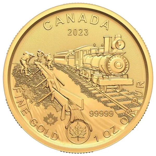 1 Unze Goldmünze Klondike Goldrausch Weg des Goldes 2023 1 Unze Goldmünze Klondike Weg des Goldes zeigt hier die Vorderseite und wird von der Royal Canadian Mint hergestellt, die Sie in der Moroder Scheideanstalt erwerben können