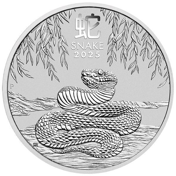 Vorderseite der Lunar III Schlange Silbermünze 1 kg 2025 mit Monarchenporträt, Nennwert und Jahrgang