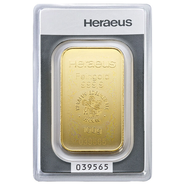 100 g Goldbarren Heraeus geprägt 100 g Goldbarren Heraeus geprägt
