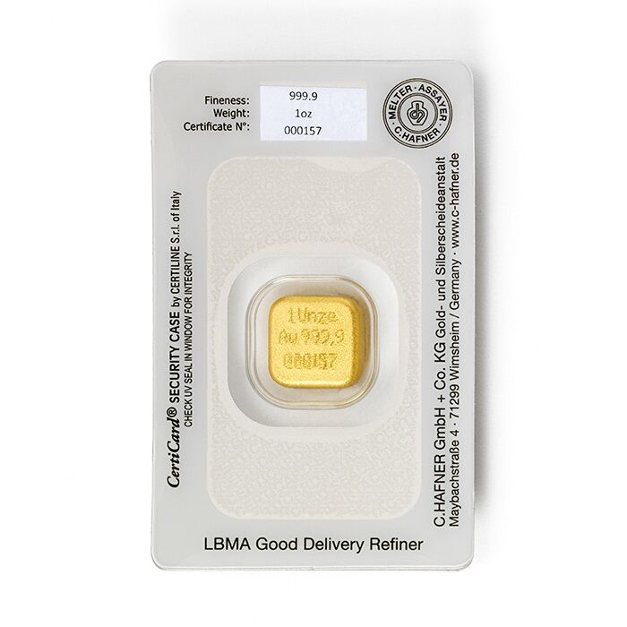 1 oz Goldbarren gegossen Rückseite C.Hafner Moroder Scheideanstalt 1 oz Goldbarren gegossen Rückseite C.Hafner Moroder Scheideanstalt
