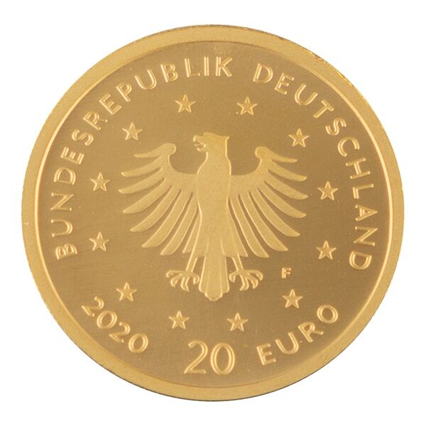 Rückseite der 20 Euro Goldmünze Heimische Vögel 2020 mit Weißstorch als Münzmotiv