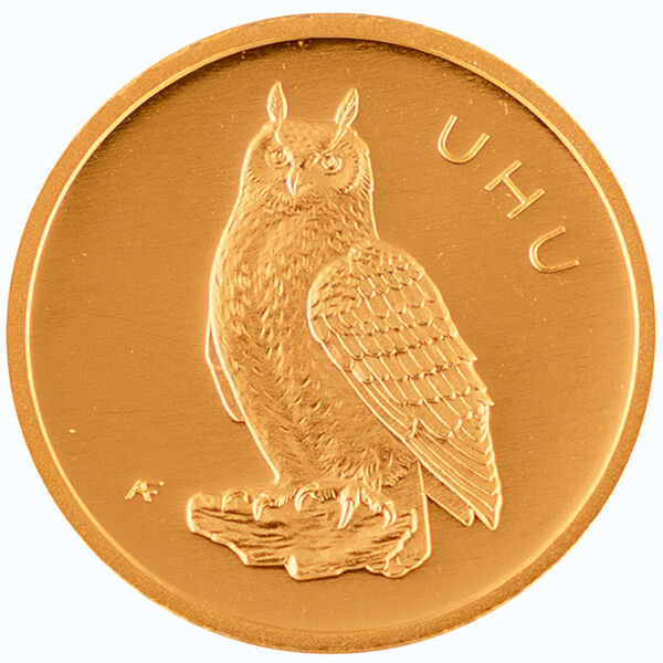 Vorderseite der 20 Euro Goldmünze Heimische Vögel 2018 mit Bundesadler, Nennwert und Prägejahr