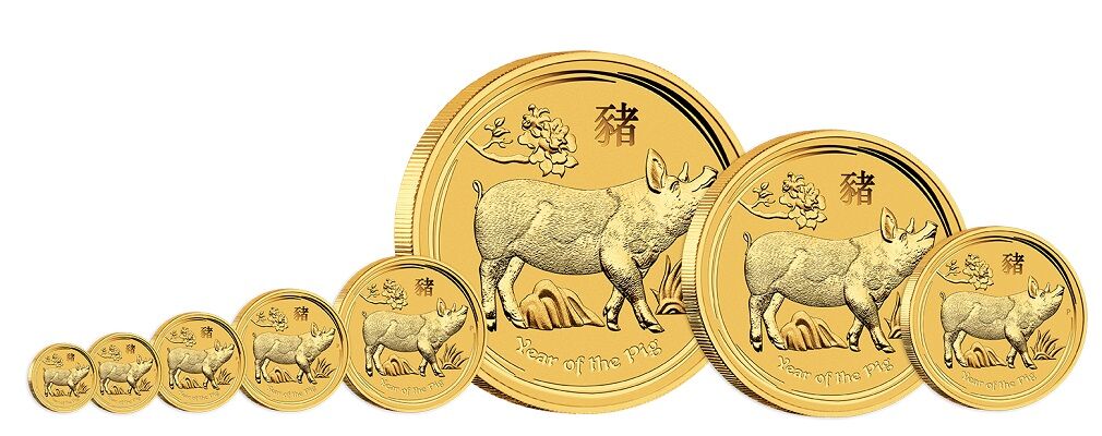 Lunar 2 Set Goldmünzen Jahrs des Schweins Moroder Scheideanstalt