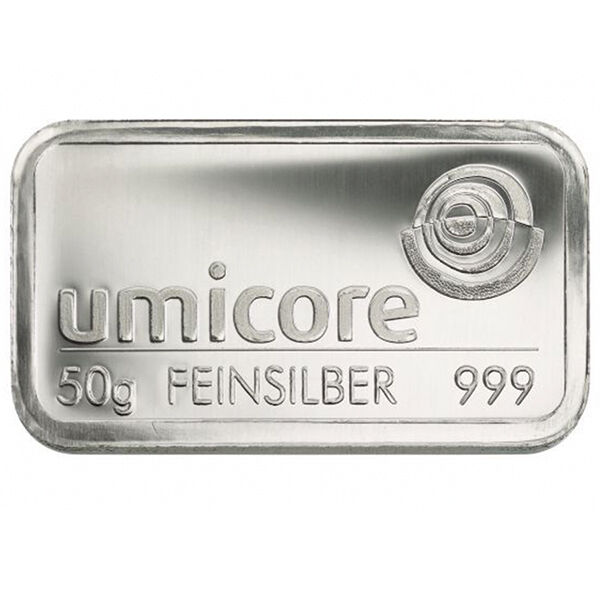 50 g Umicore Silberbarren als Beispiel für den Verkauf von Silberbarren