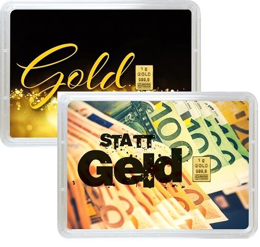 Beidseitige Ansicht des 1 g Gold-Geschenkbarrens Gold statt Geld mit Vorder- und Rückseite