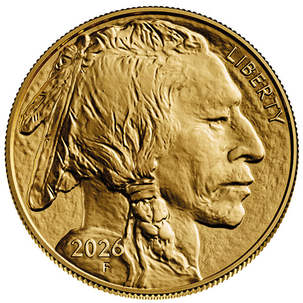 Vorderseite der American Buffalo Goldmünze 1 Unze 2026 mit Indian-Head-Motiv, Nennwert und Jahrgang