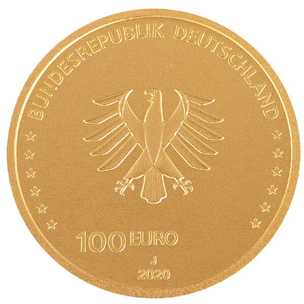 Goldeuro 100 € 2020 Rückseite Einigkeit Goldeuro 100 € von 2020 aus der Serie Säulen der Demokratie zeigt auf der Wertseite der Münze EINIGKEIT den Bundesadler