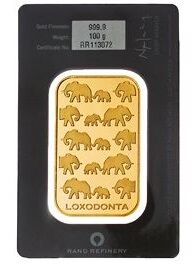 Rückseite eines geprägten 100 g Rand Refinery Goldbarrens mit Reliefmotiv sowie Angaben zu Feingewicht und Feinheit