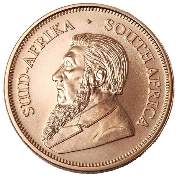 Vorderseite der Krügerrand Goldmünze 1 Unze mit Porträt von Paul Kruger und südafrikanischer Umschrift
