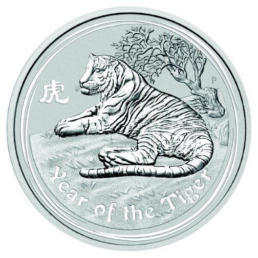 Rückseite der Lunar II Tiger Silbermünze 1 kg 2010 mit Tiger-Motiv, Feingewicht und Feingehalt