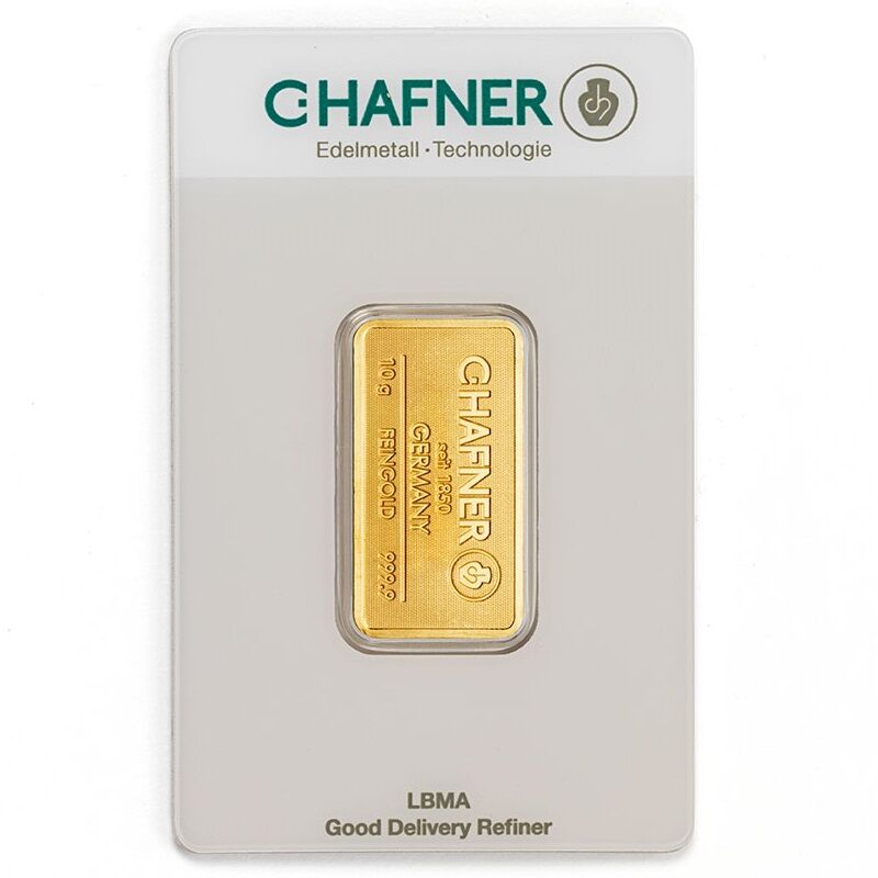 Vorderseite eines geprägten 10 g C. Hafner Goldbarrens mit Herstellerlogo, Feingewicht und Feinheitsangabe