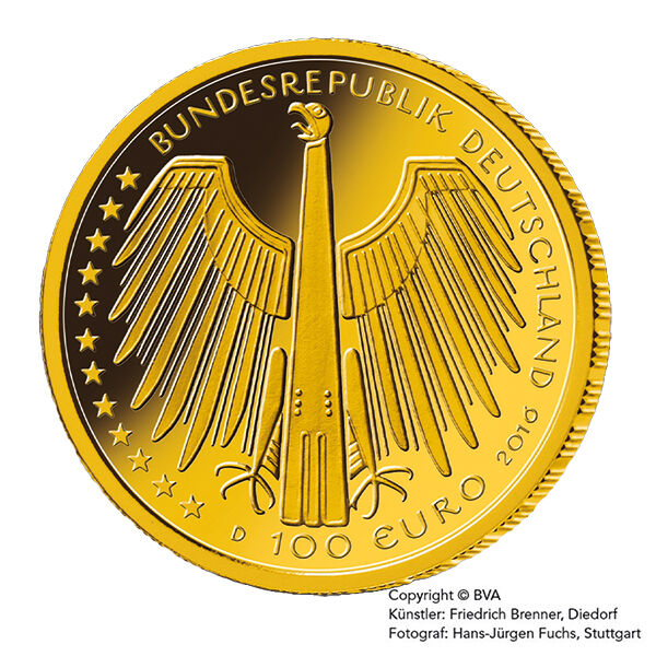 Die Münze Goldeuro zeigt die Wertseite von 2016 Altstadt Regensburg bei der Moroder Scheideanstalt