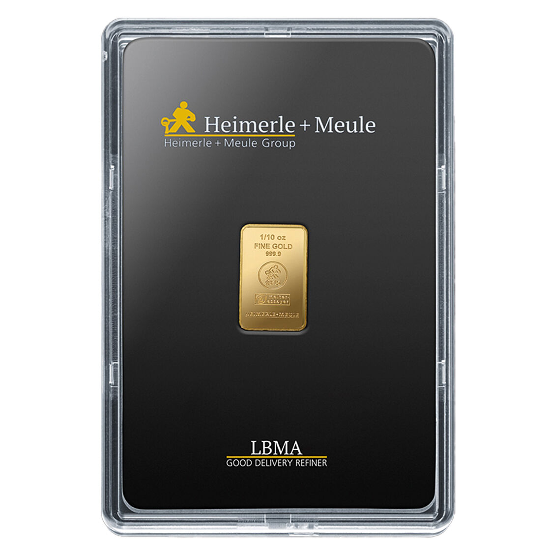 Vorderseite eines 1/10 Unze Heimerle + Meule Goldbarrens im Blister mit sichtbarem Barren und Produktangaben