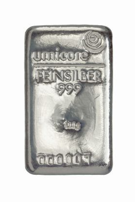 500 g Umicore Silberbarren mit Herstellerlogo, Feingewicht und Feinheitsangabe
