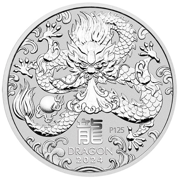 Rückseite der Lunar III Drache Silbermünze 1 kg 2024 mit Drachen-Motiv, Feingewicht und Feingehalt