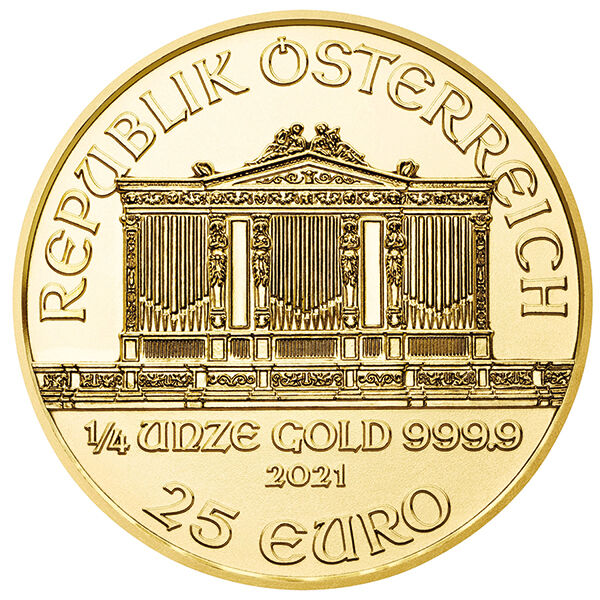 1/4 Unze Gold Wiener Philharmoniker (diverse Jahrgänge) Wiener Philharmoniker Goldmünze 1/4 Unze zeigt den Festlichen Saal auf der Bildseite