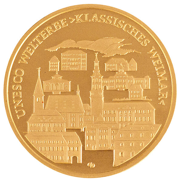 Wertseite der 100 Euro Goldmünze Klassisches Weimar 2006 mit Bundesadler, Nennwert und Prägejahr