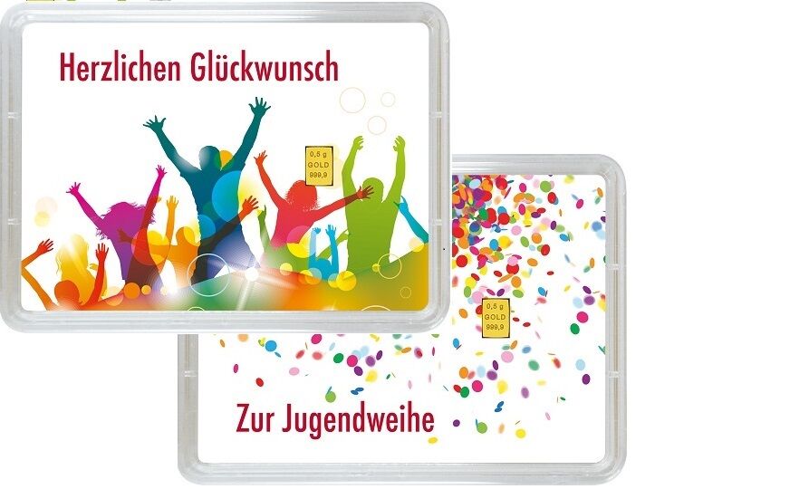 Vorderseite des 0,5 g Valcambi Goldbarrens im Geschenkblister zur Jugendweihe