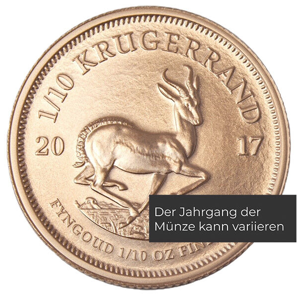 Weitere Rückseitenansicht der Krügerrand Goldmünze 1/10 Unze 2023 mit Springbock-Motiv, Feingewicht und Feingehalt