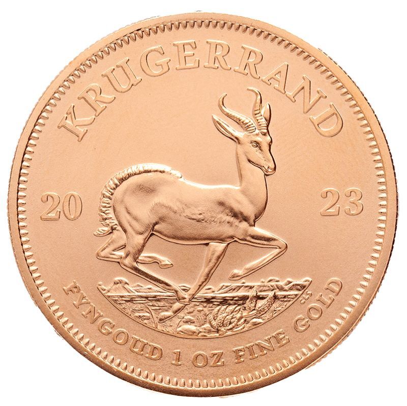 Rückseite der Krügerrand Goldmünze 1 Unze 2023 mit Springbock-Motiv, Feingewicht und Feingehalt