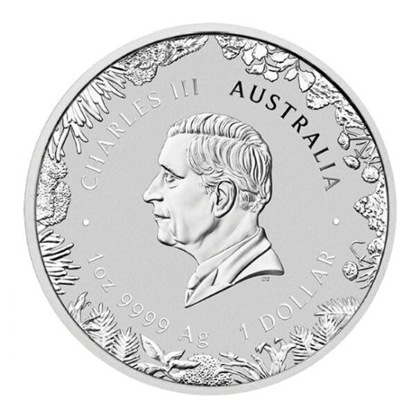 Vorderseite der Wonders of Australia Outback Silbermünze 1 Unze 2026 mit Monarchenporträt, Nennwert und Jahrgang