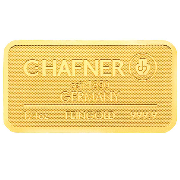 Vorderseite eines 1/4 Unze C. Hafner Goldbarrens ohne Blister mit Herstellerlogo, Feingewicht und Feinheitsangabe